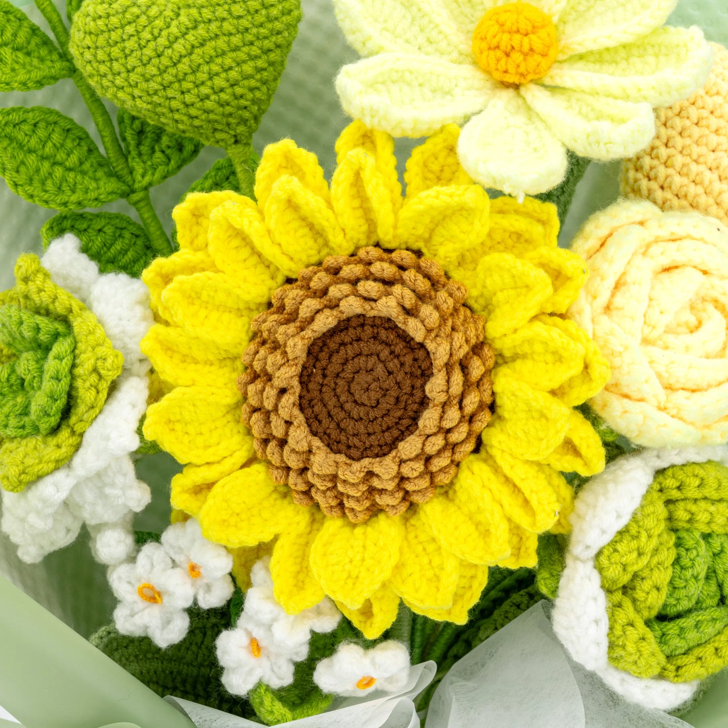 Green Crochet Big Sunflower Rose Heart Bouquet