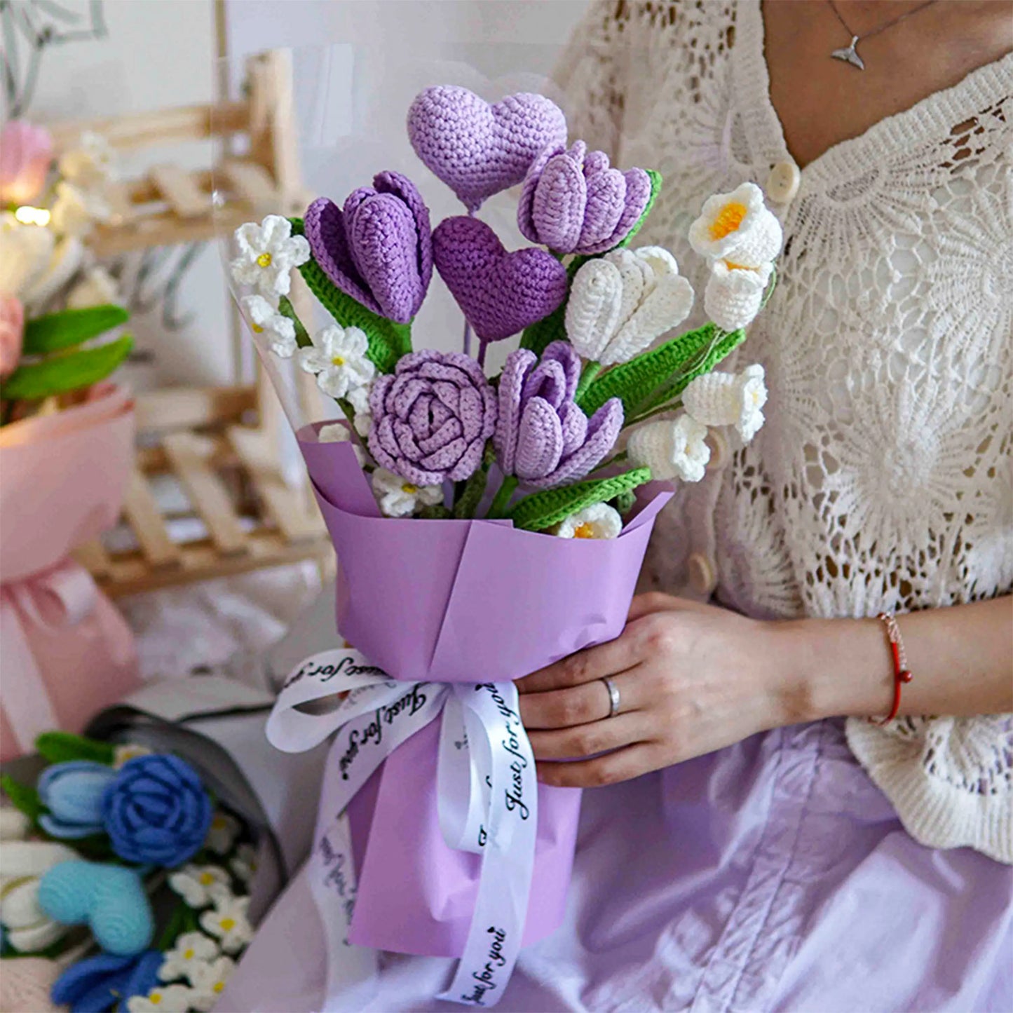 Crochet Rose Tulip Heart Bouquet-Purple