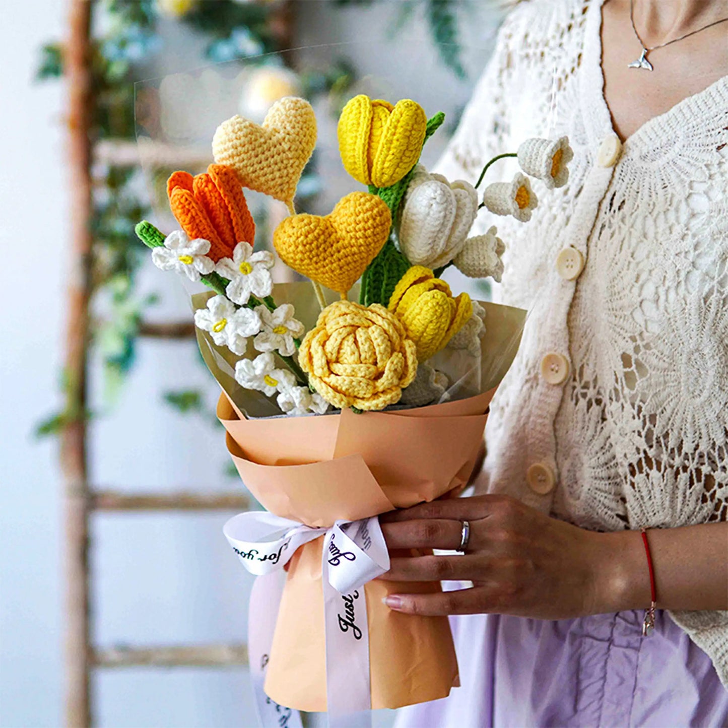 Crochet Rose Tulip Heart Bouquet-Yellow