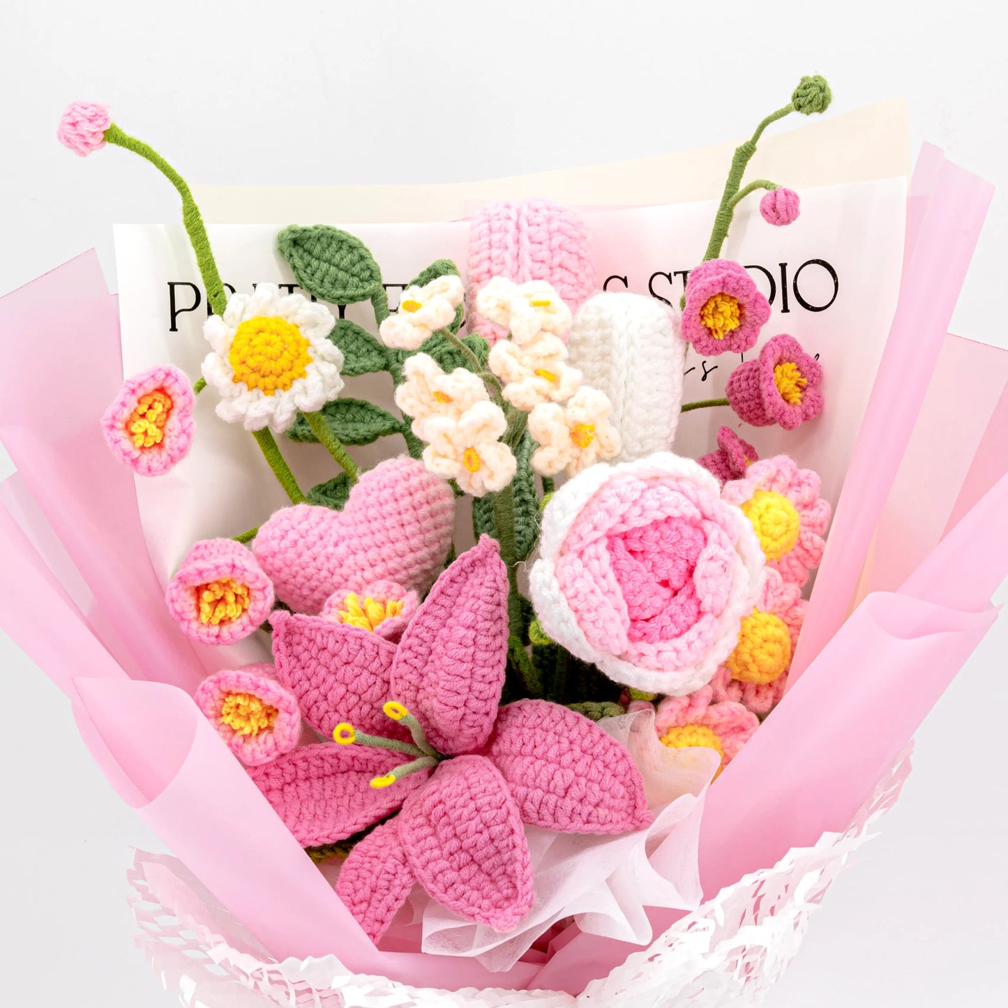 Pink Crochet Lily Rose Tulip Daisy Bouquet