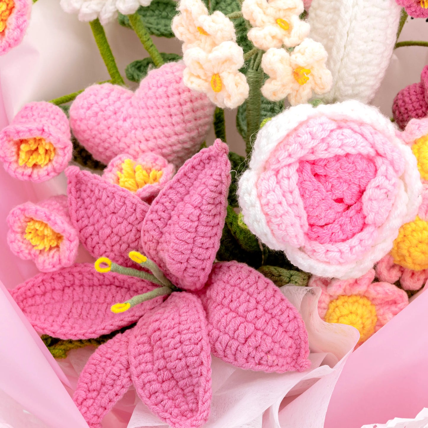 Pink Crochet Lily Rose Tulip Daisy Bouquet