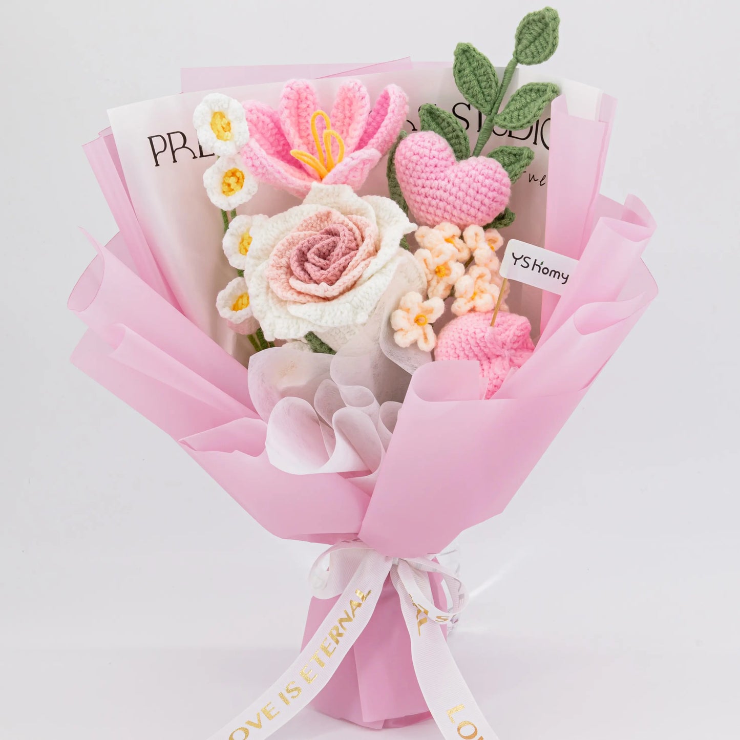 Crochet Thai Rose Tulip Heart Bouquet-Pink