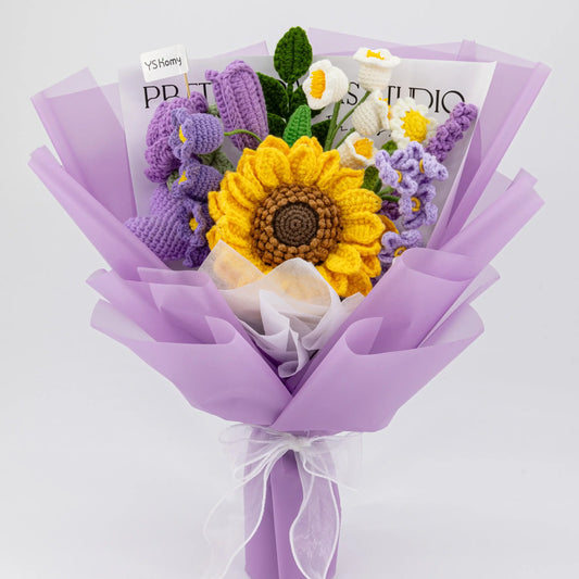 Purple Crochet Big Sunflower Tulip Rose Lavender Bouquet
