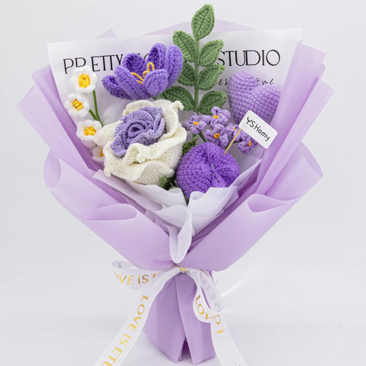 Crochet Thai Rose Tulip Heart Bouquet-Purple