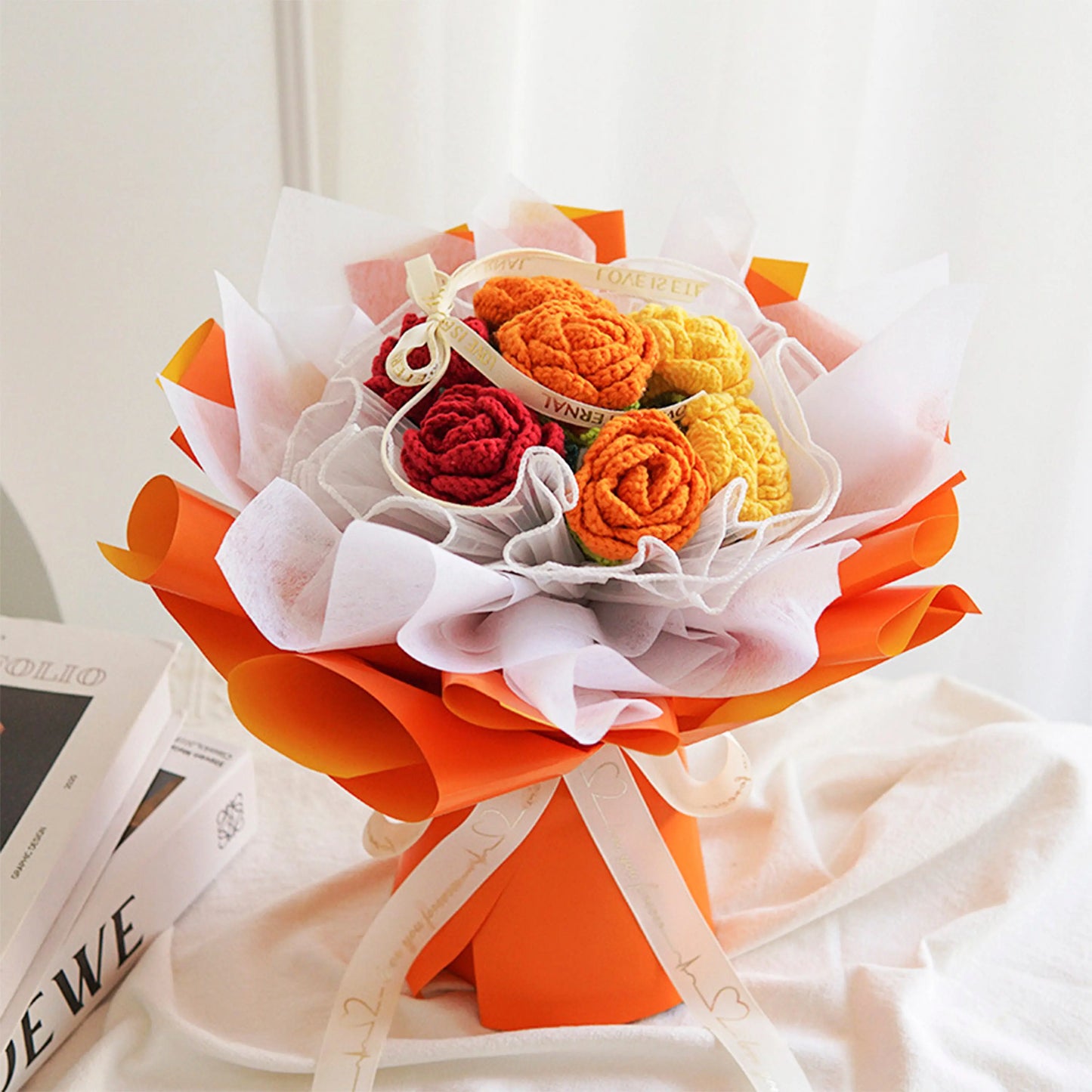 Round Crochet Yellow & Red Rose Bouquet