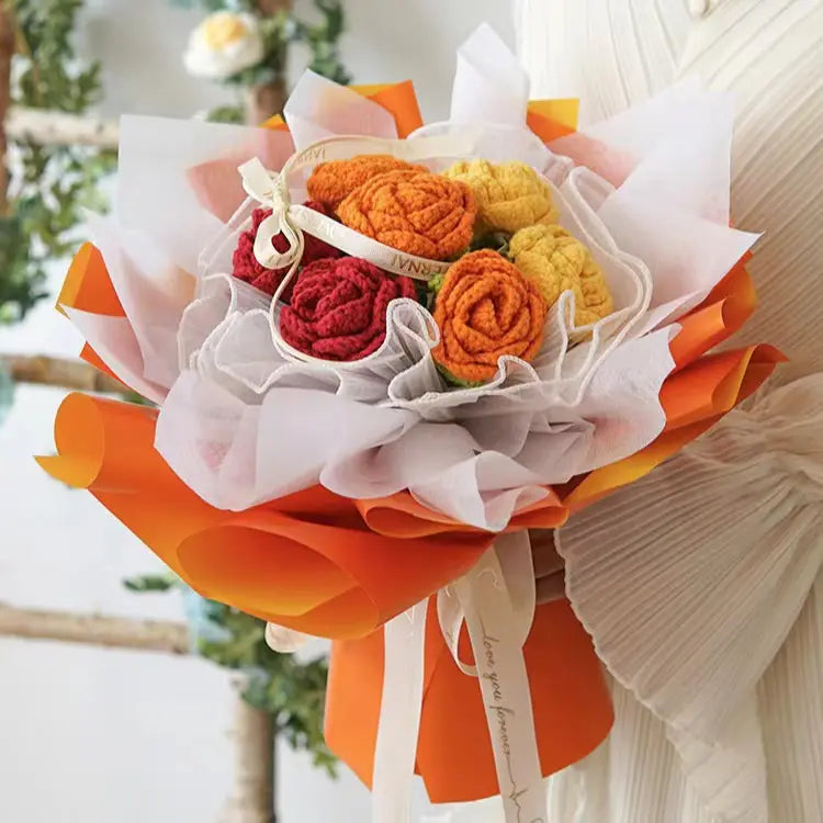 Round Crochet Yellow & Red Rose Bouquet