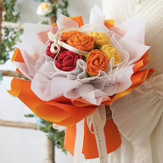 Round Crochet Yellow & Red Rose Bouquet
