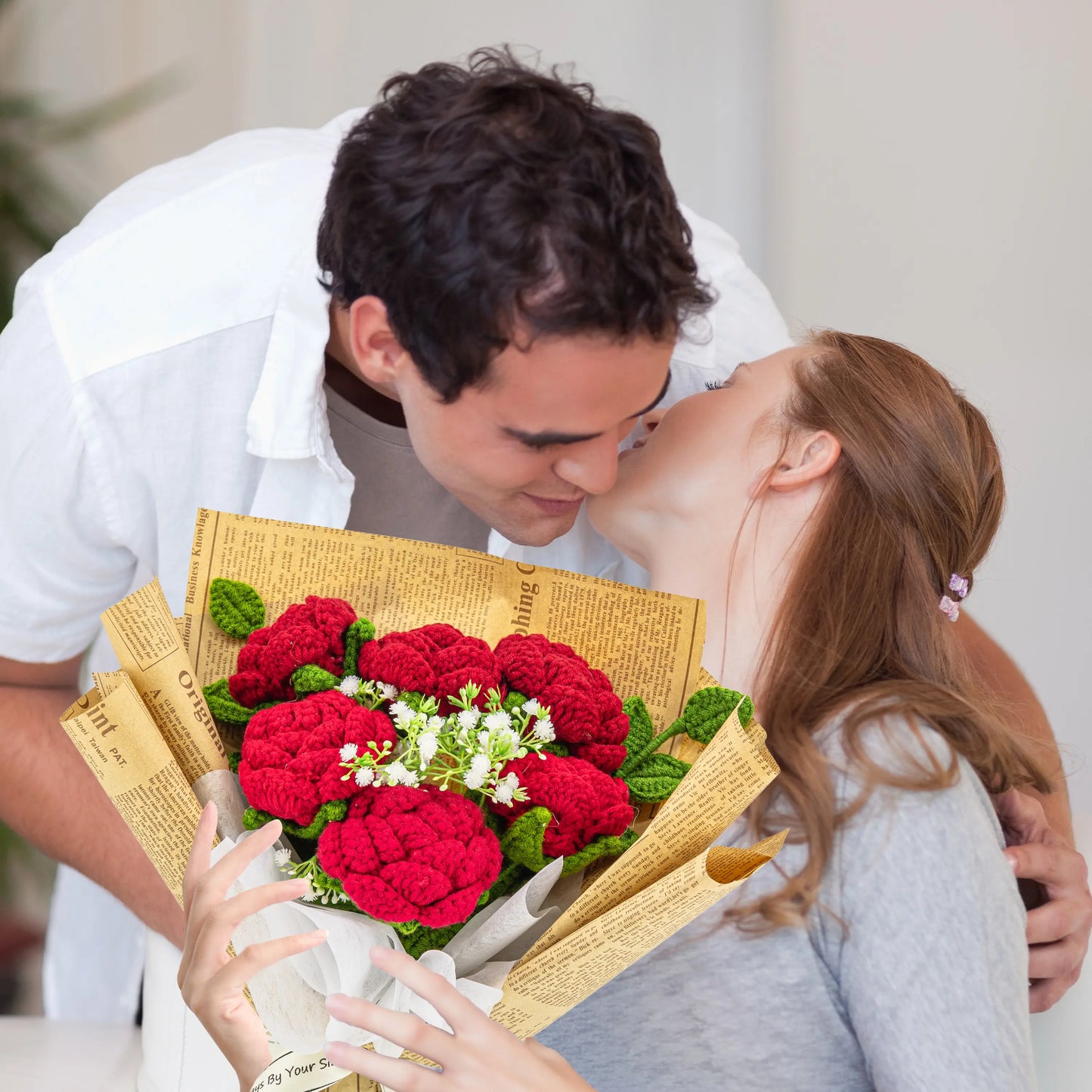 Crochet Red Rose Bouquet with Newspaper Wrapping