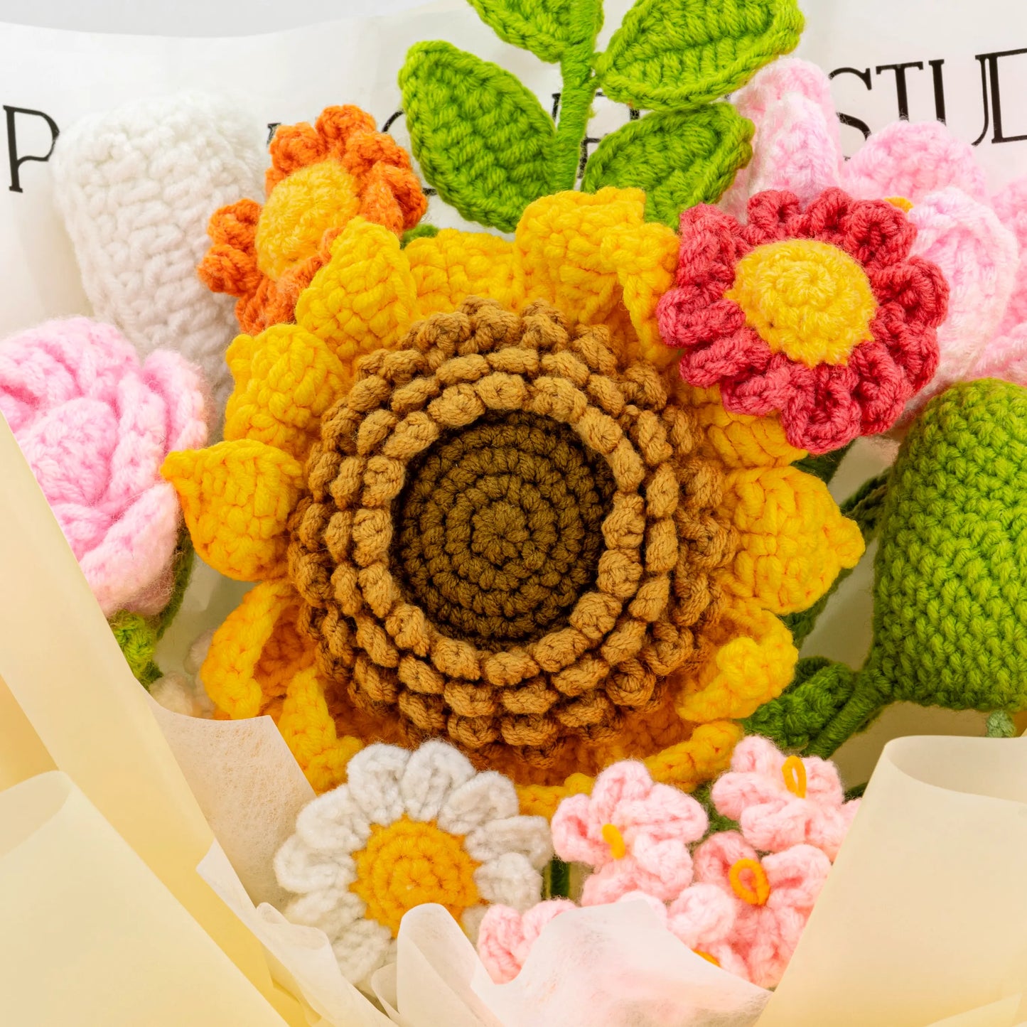 Yellow & Green Crochet Sunflower Rose Daisy Bouquet
