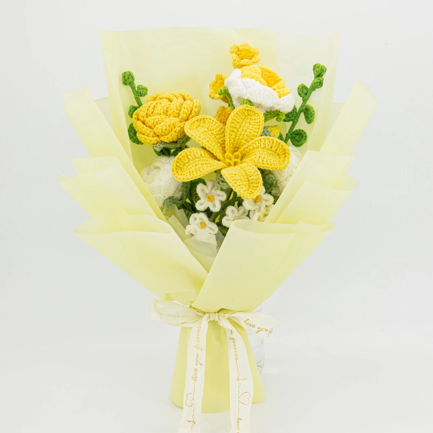 Crochet Tulip Rose Forget-Me-Not Bouquet-Yellow