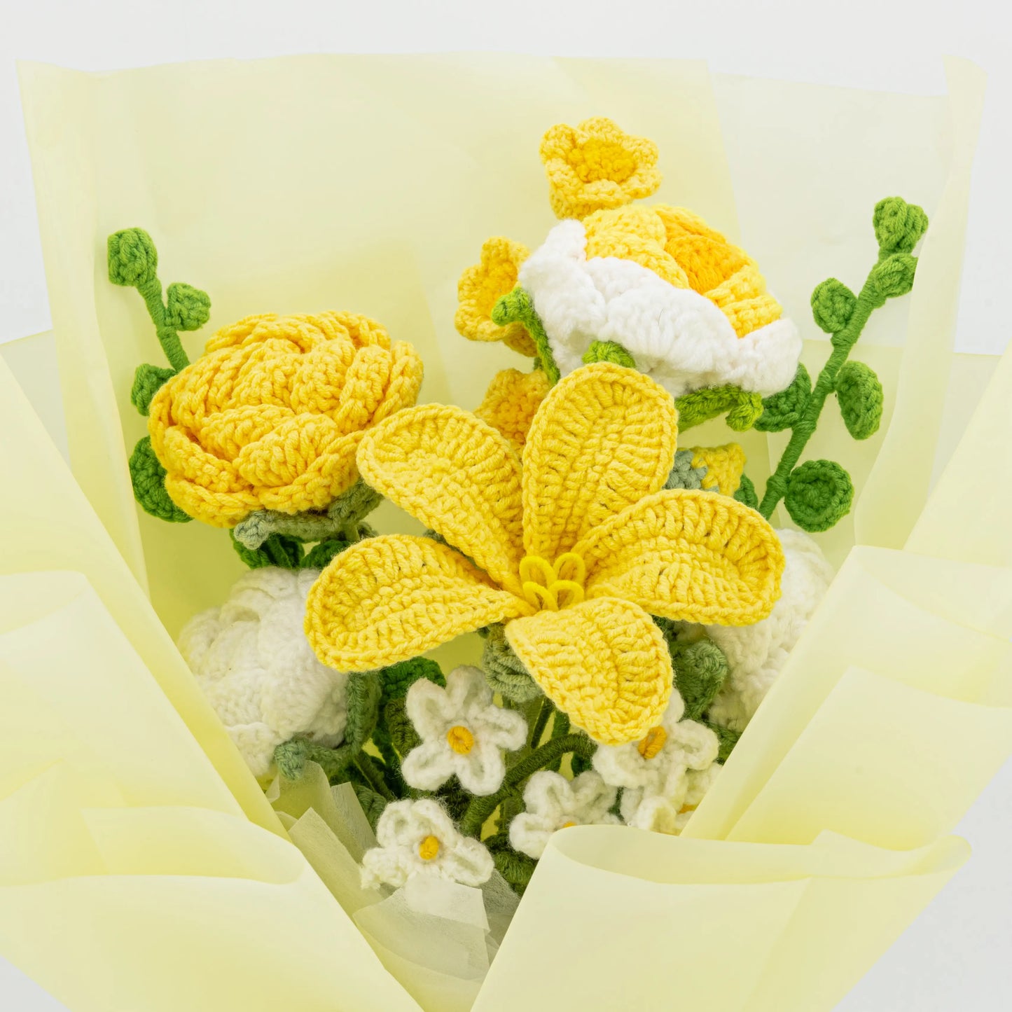 Crochet Tulip Rose Forget-Me-Not Bouquet-Yellow
