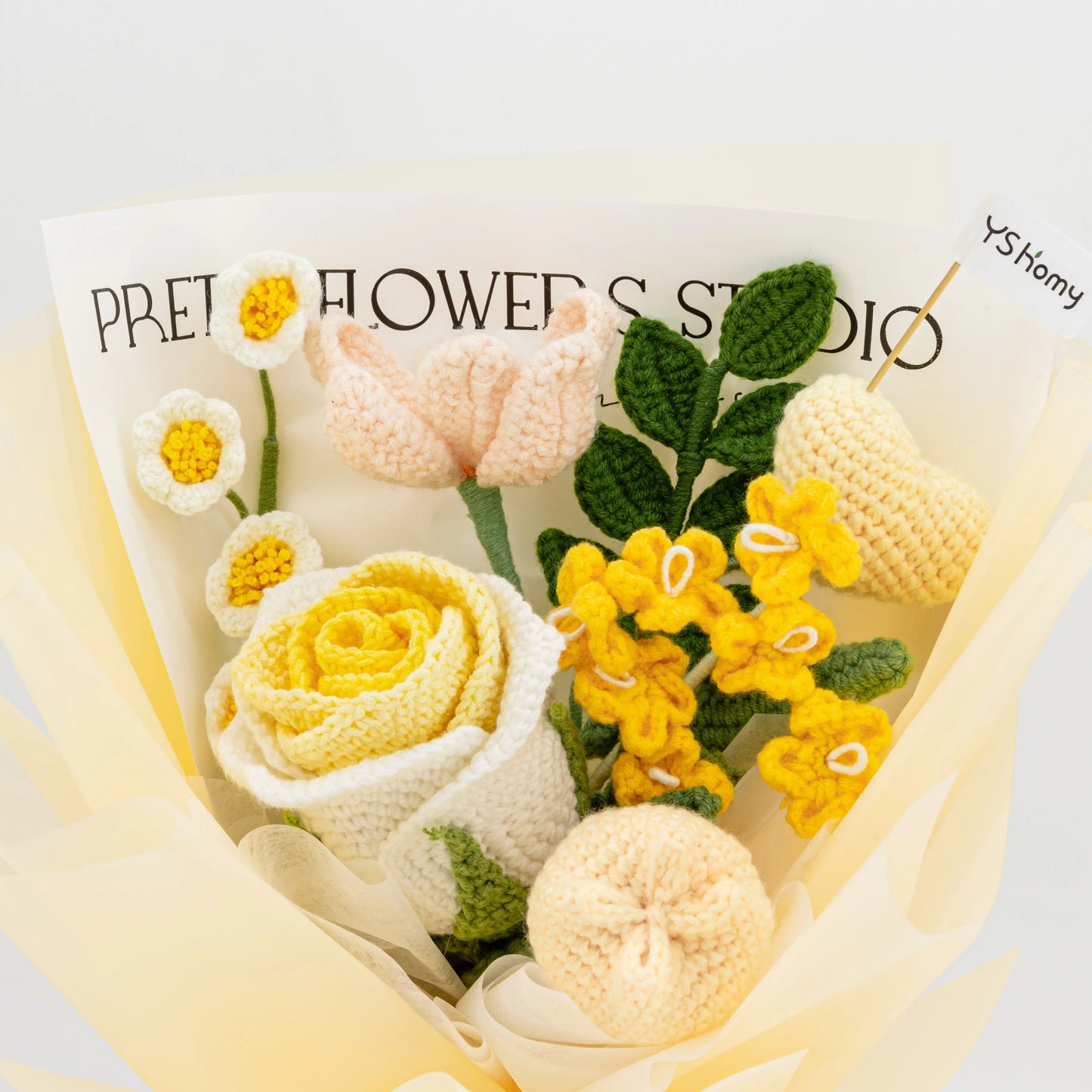 Crochet Thai Rose Tulip Heart Bouquet-Yellow