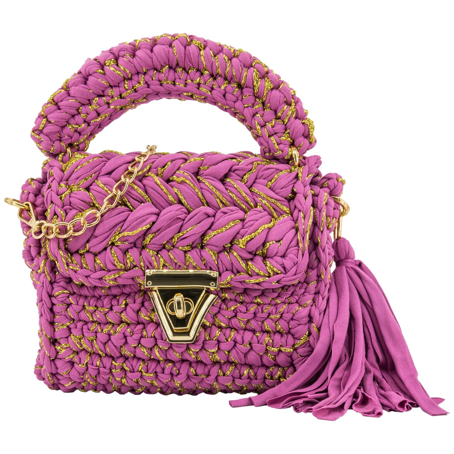 Crochet Handbag with Golden Thread-Rose Red