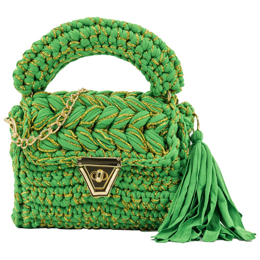 Crochet Handbag with Golden Thread-Green