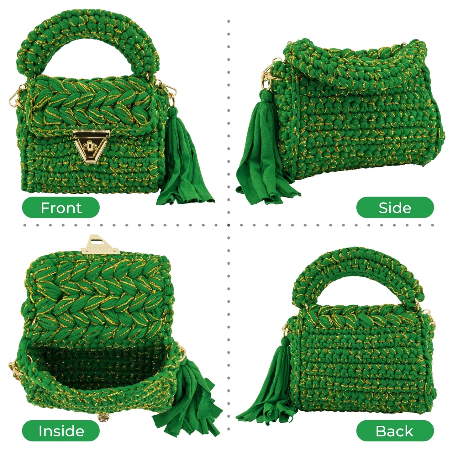 Crochet Handbag with Golden Thread-Green
