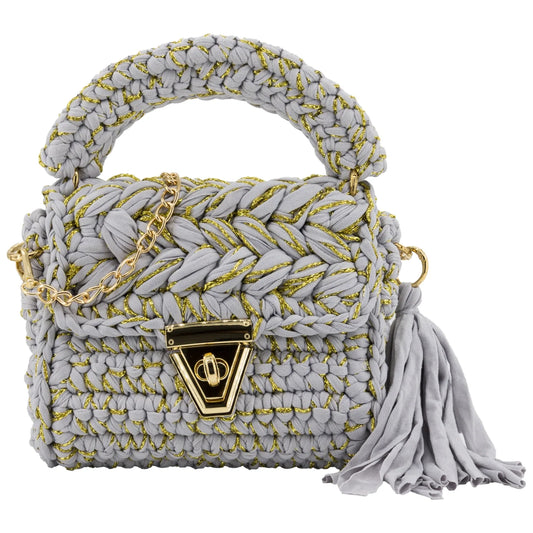 Crochet Handbag with Golden Thread-Grey
