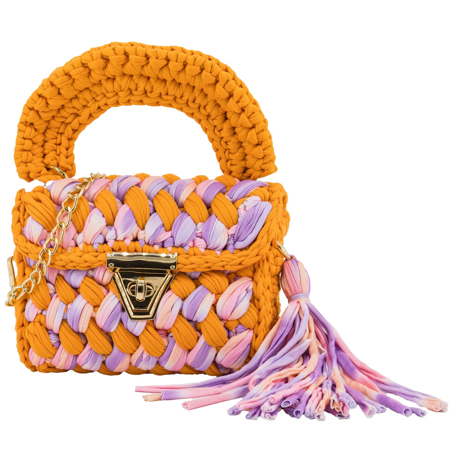 Crochet Handbag with Handle & Tassels-Orange & Pink
