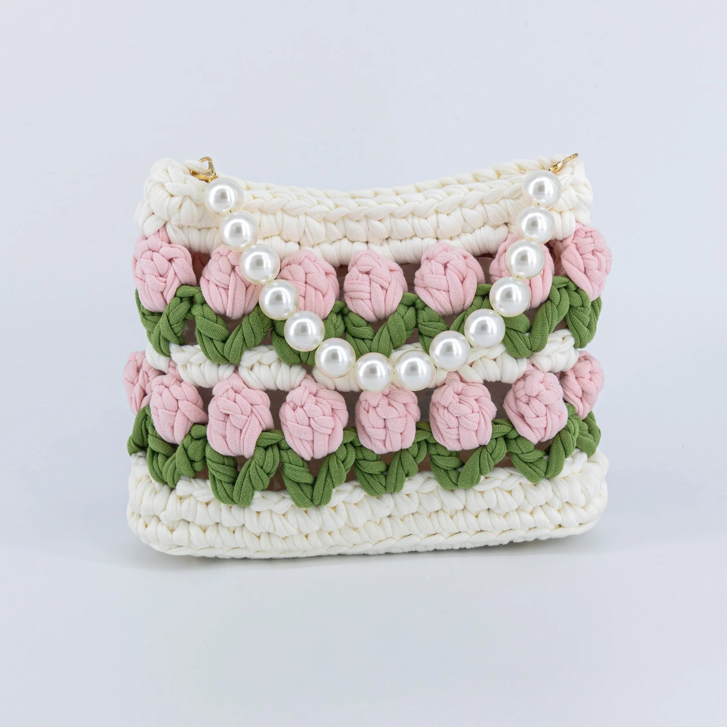Crochet Tulip Handbag with Pearl Handle & Chain