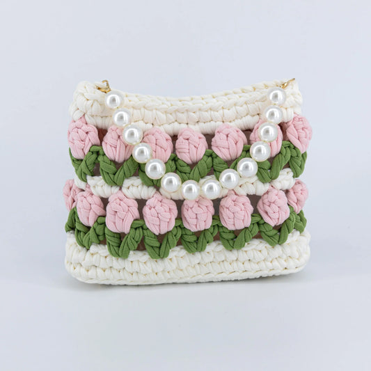 Crochet Tulip Handbag with Pearl Handle & Chain