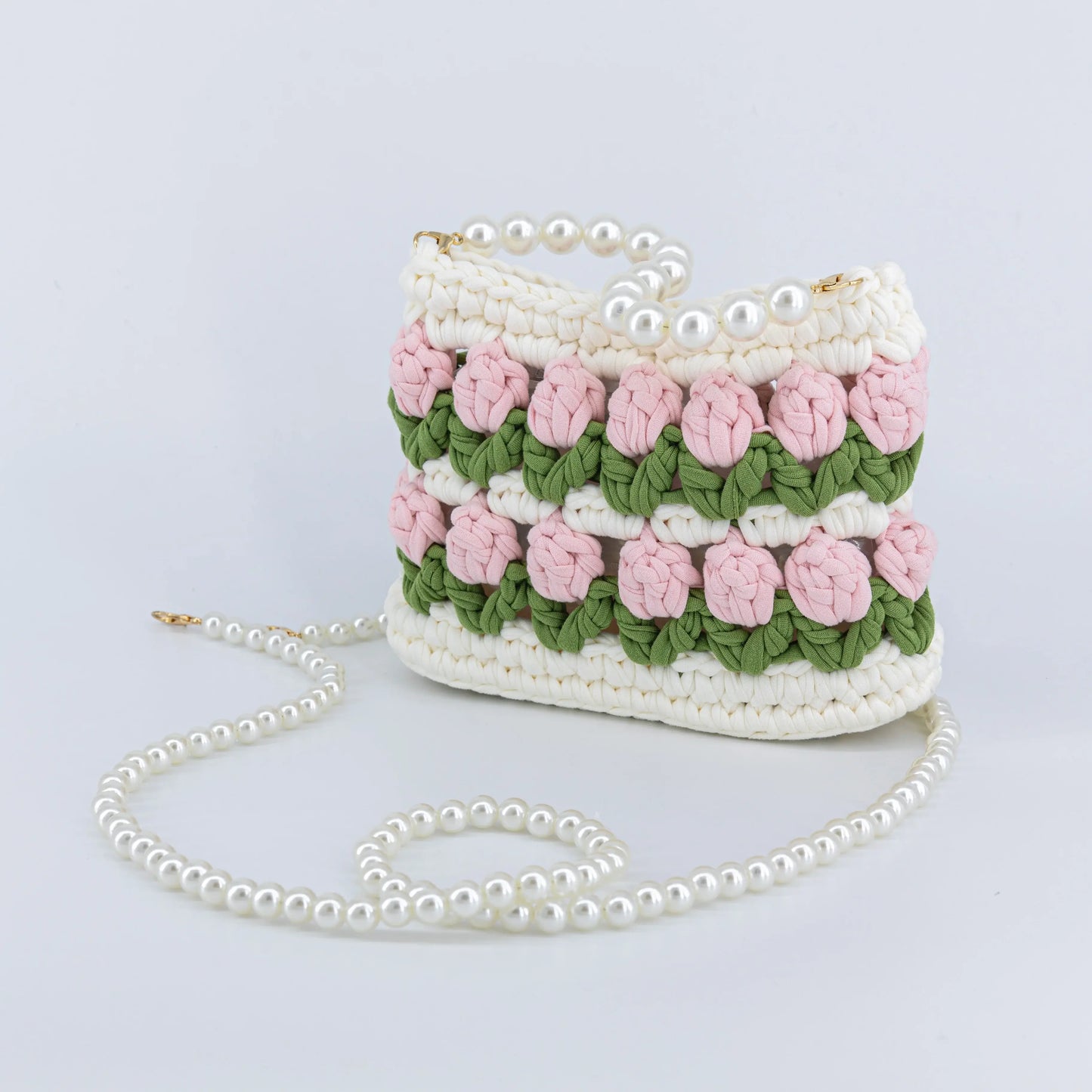Crochet Tulip Handbag with Pearl Handle & Chain