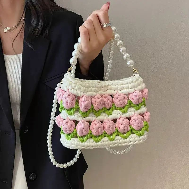 Crochet Tulip Handbag with Pearl Handle & Chain