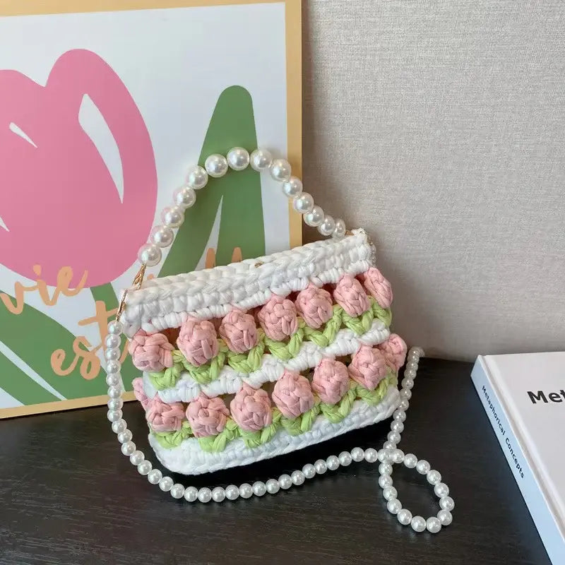 Crochet Tulip Handbag with Pearl Handle & Chain
