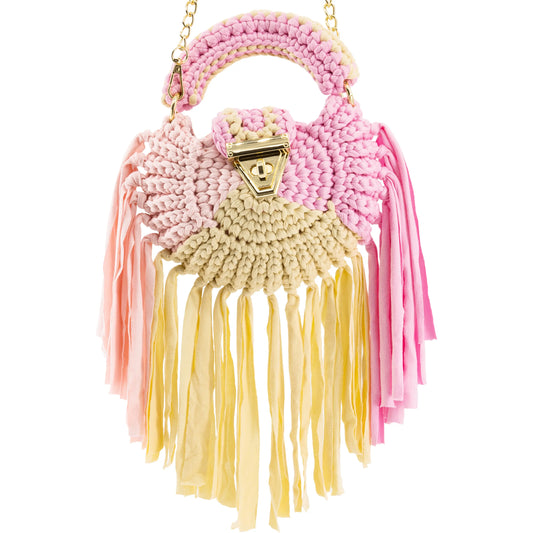 Crochet Round Handbag with Tassels-Pink