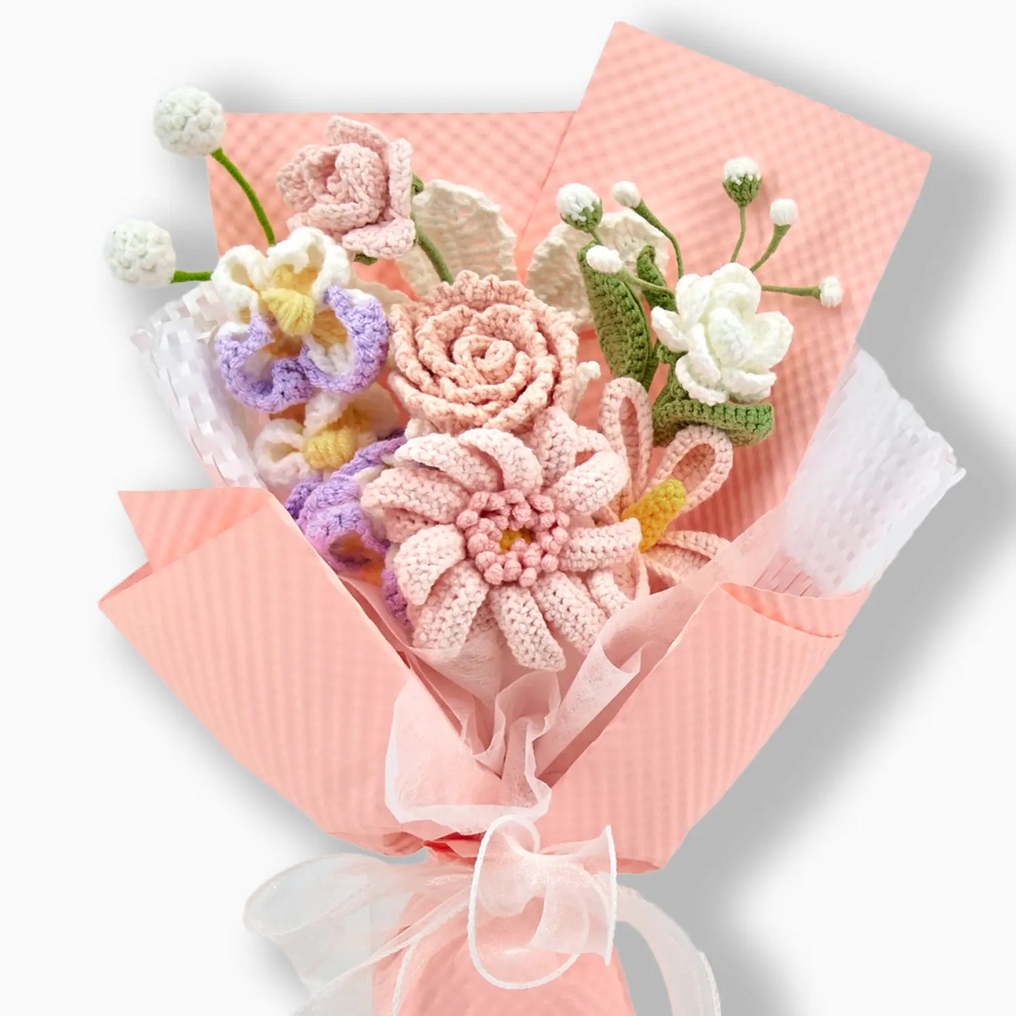 Pink Crochet Gerbera Daisy Rose Jasmine Bouquet