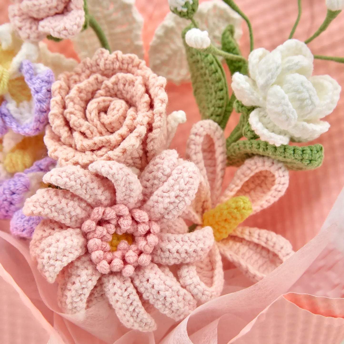 Pink Crochet Gerbera Daisy Rose Jasmine Bouquet