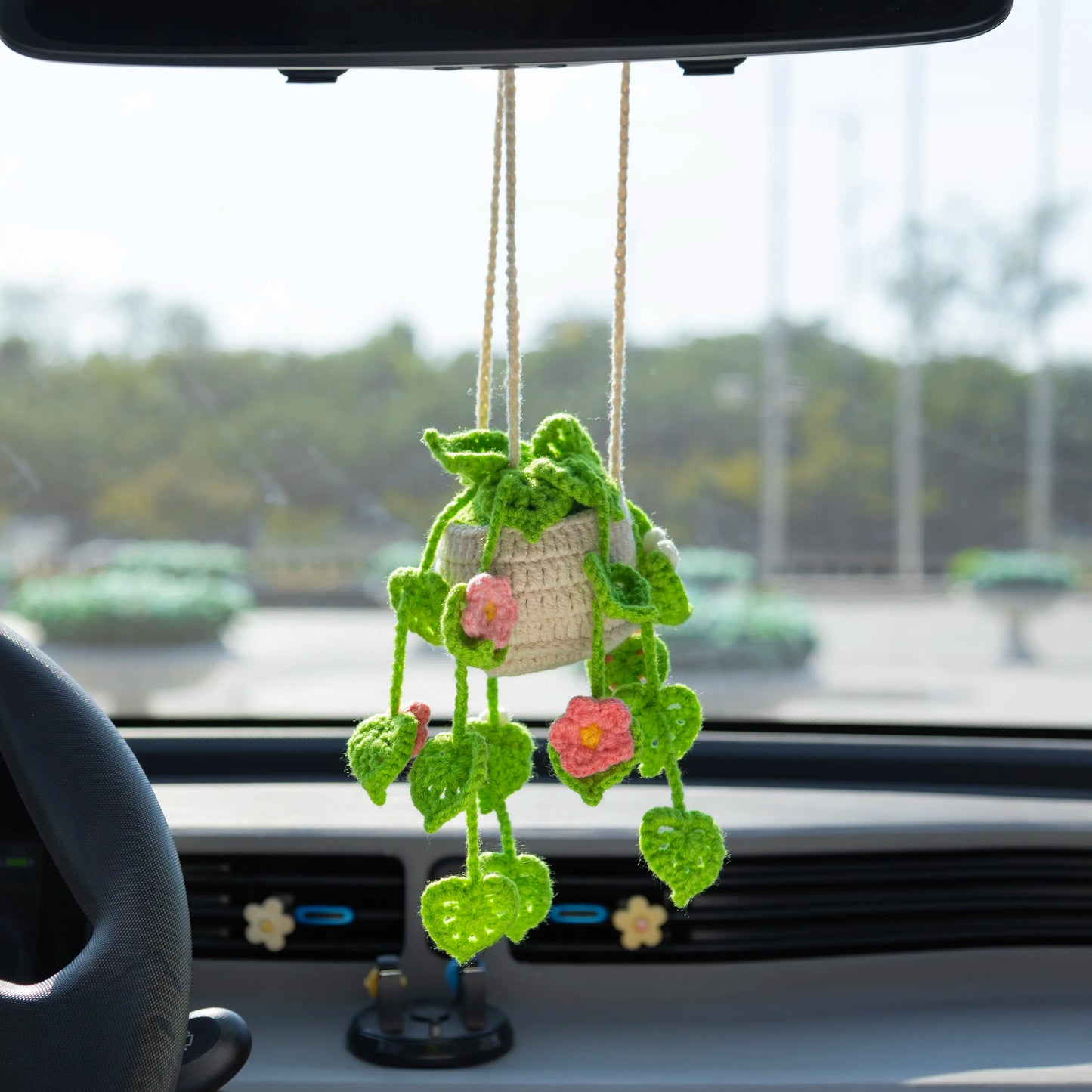 Crochet Light Green Hanging with Pink Flowers