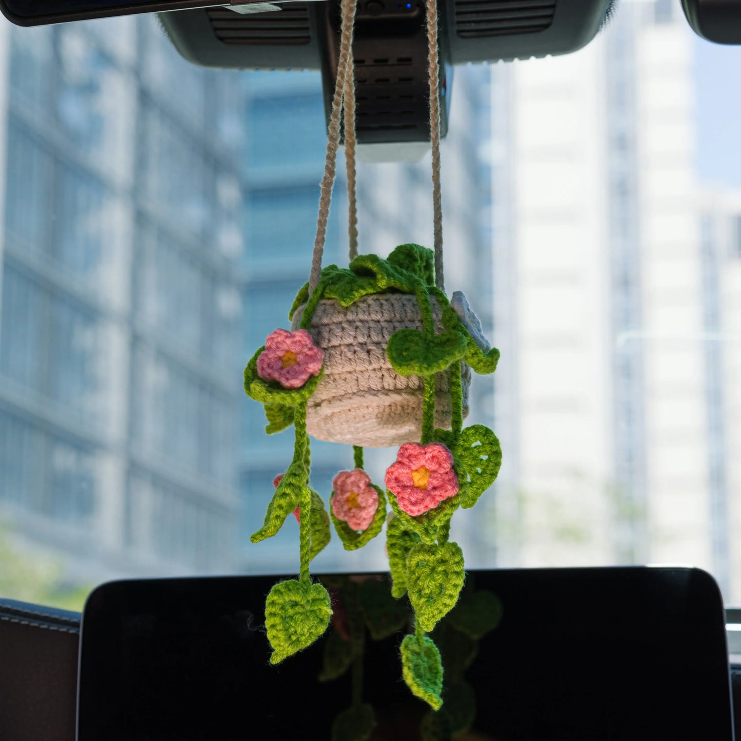 Crochet Light Green Hanging with Pink Flowers