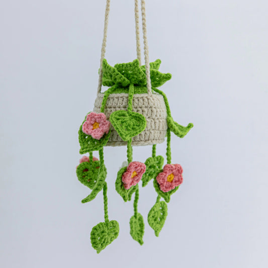 Crochet Light Green Hanging with Pink Flowers