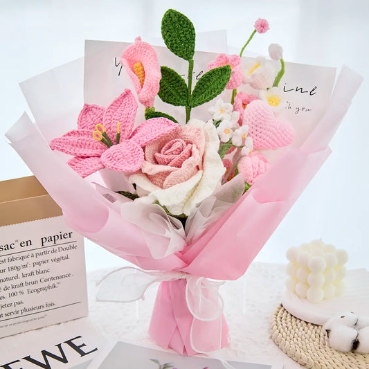 Pink Crochet Thai Rose Lily Bouquet