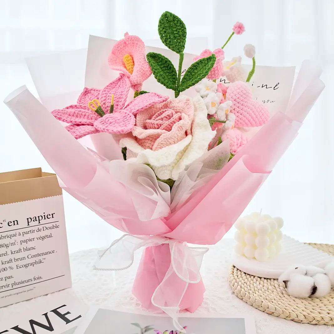 Pink Crochet Thai Rose Lily Bouquet