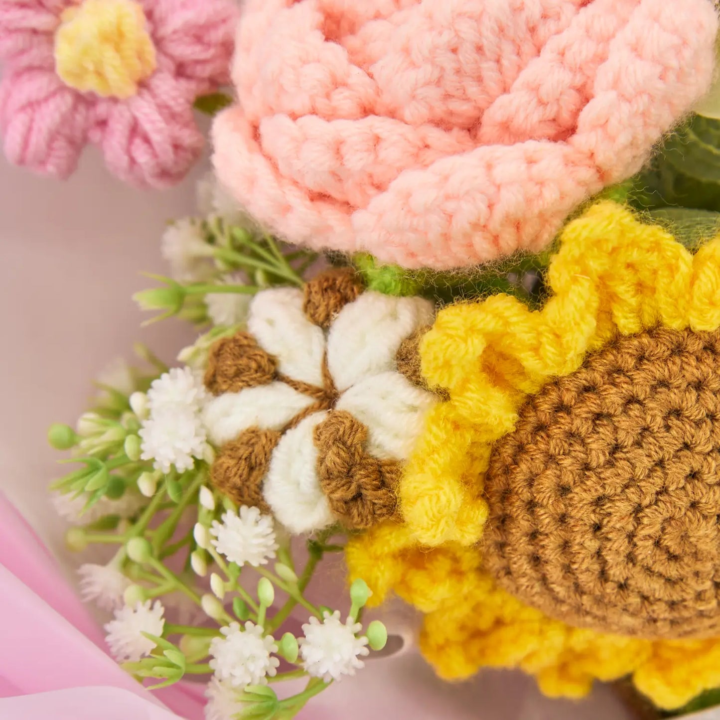 Crochet Sunflower Rose Bouquet with Pink Wrapping