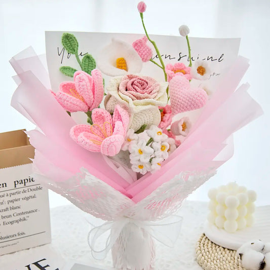 Pink Crochet Thai Rose Tulip Bouquet