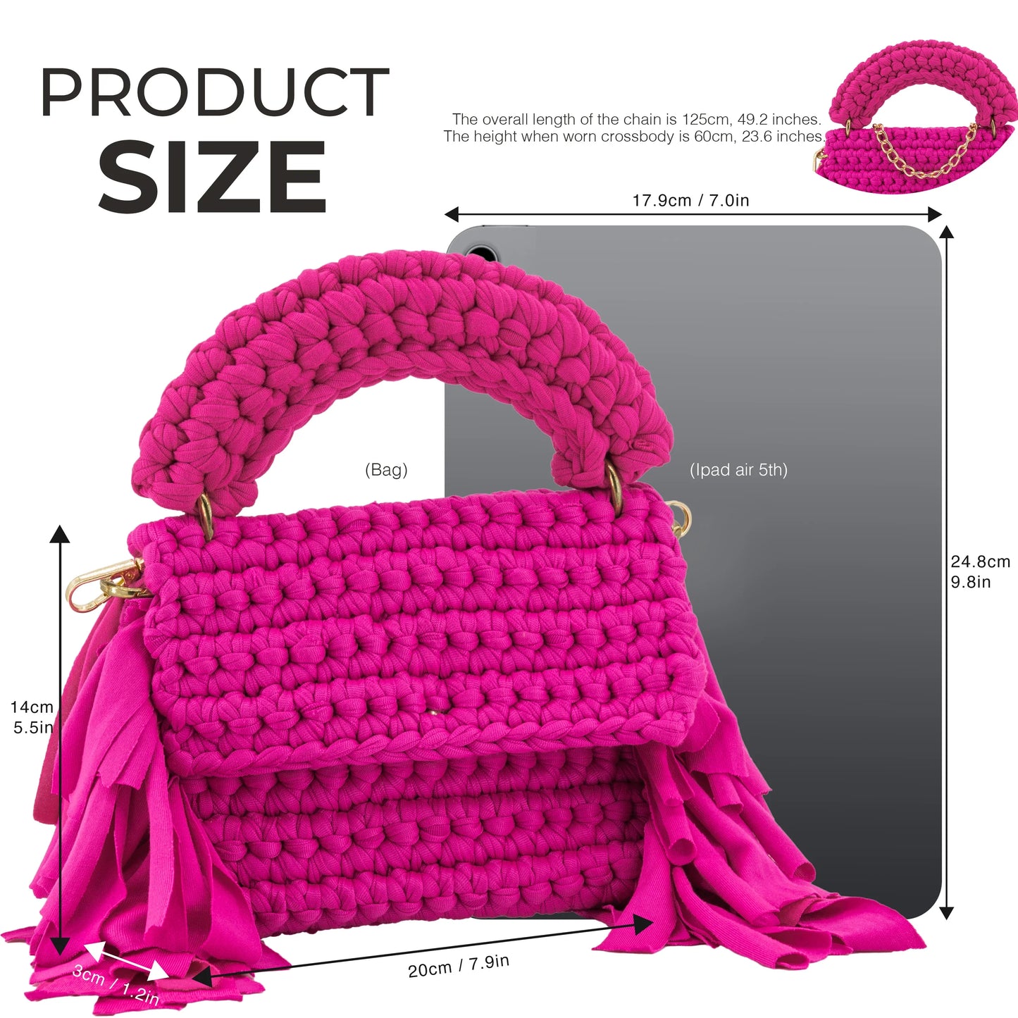 Crochet Handbag with Tassels on Two Sides-Rose Red