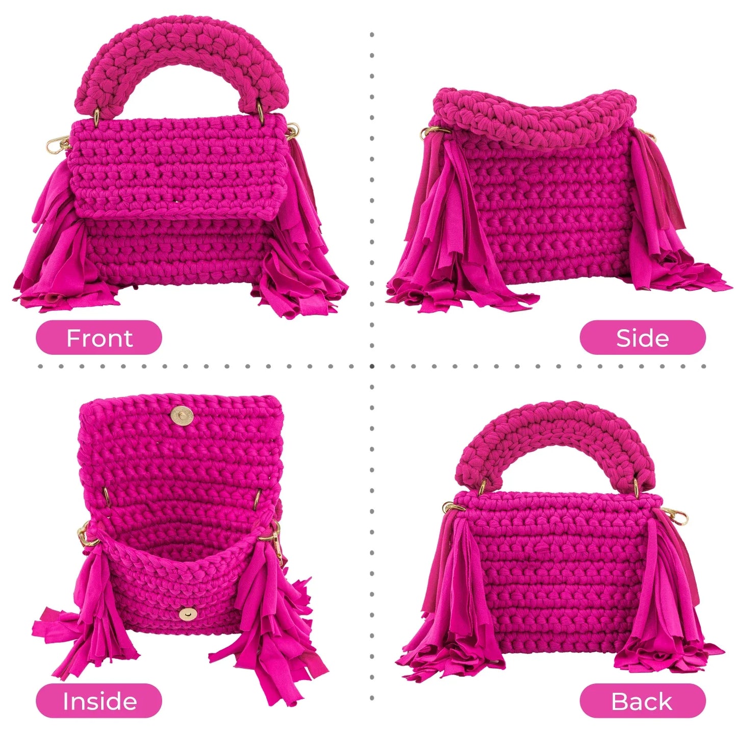 Crochet Handbag with Tassels on Two Sides-Rose Red