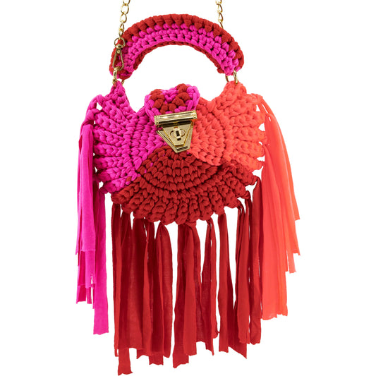 Crochet Round Handbag with Tassels-Red