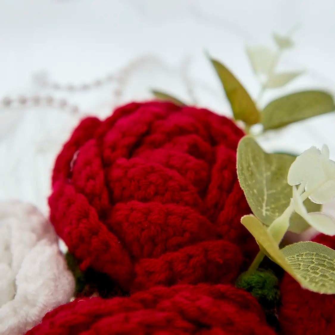 Round Crochet Red & White Rose Bouquet