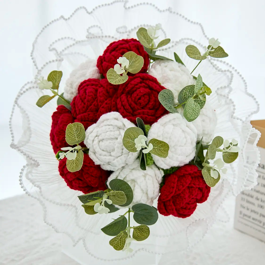 Round Crochet Red & White Rose Bouquet