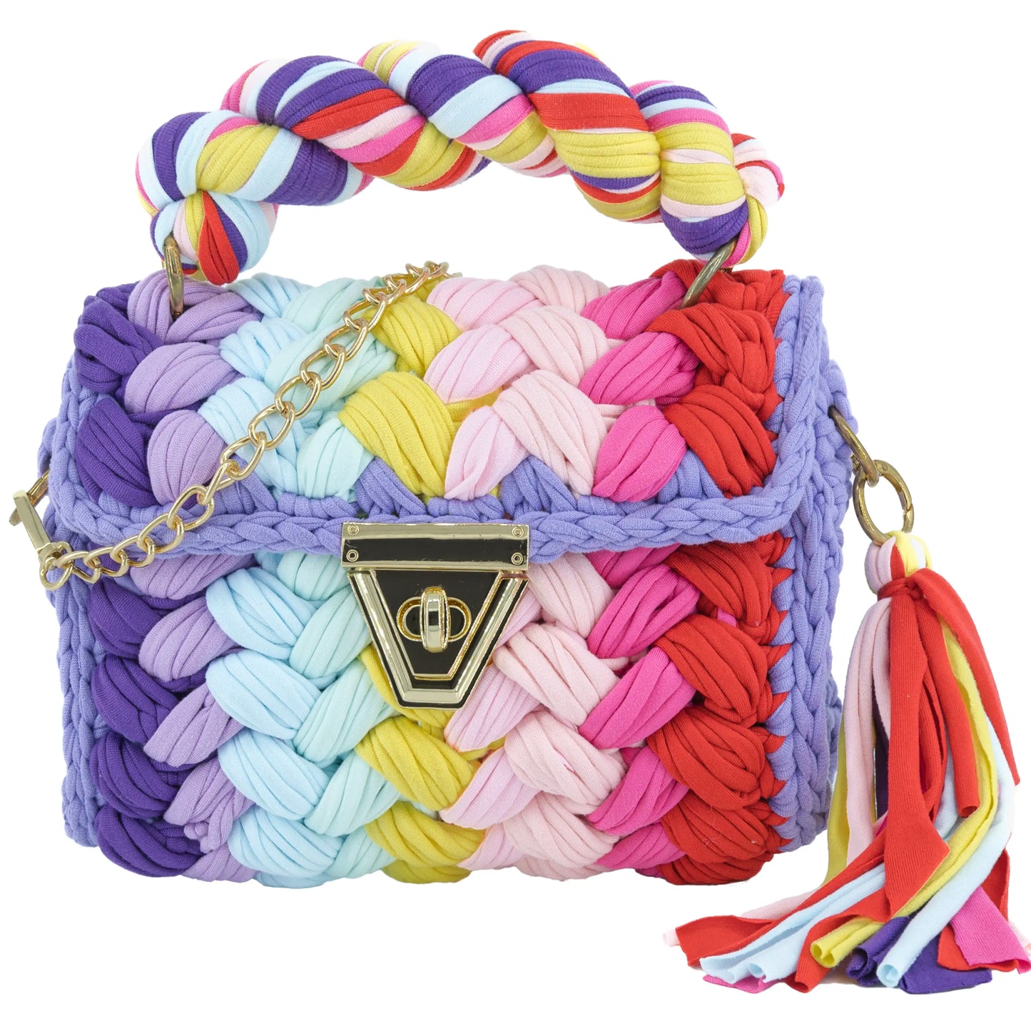 Crochet Handbag with Twist Handle-Red & Pink