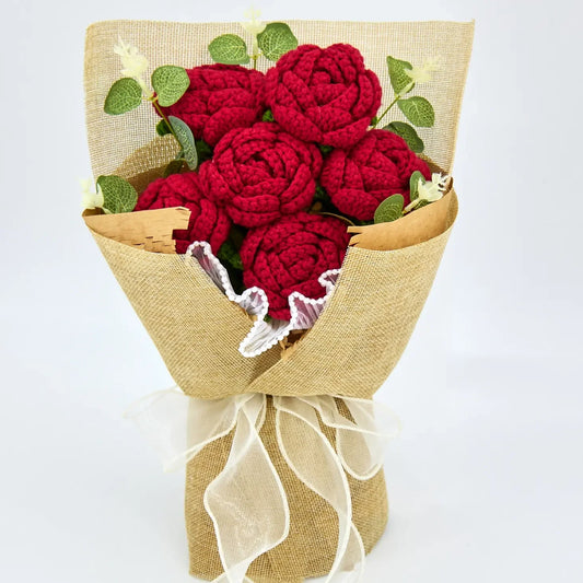Crochet Red Rose Bouquet with Light Linen Wrapping