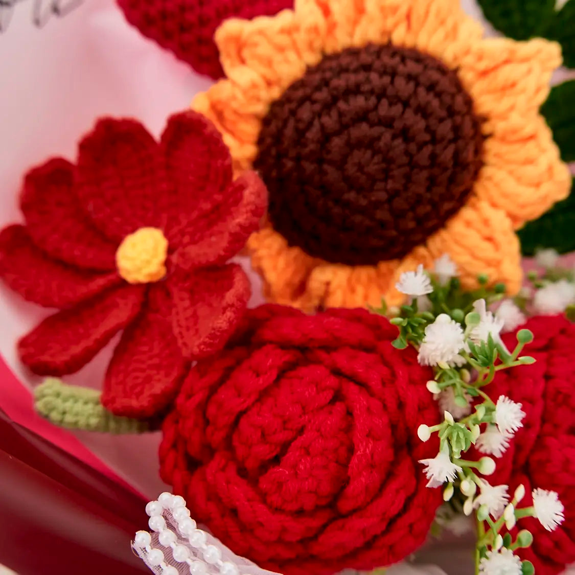 Red Crochet Rose Sunflower Bouquet