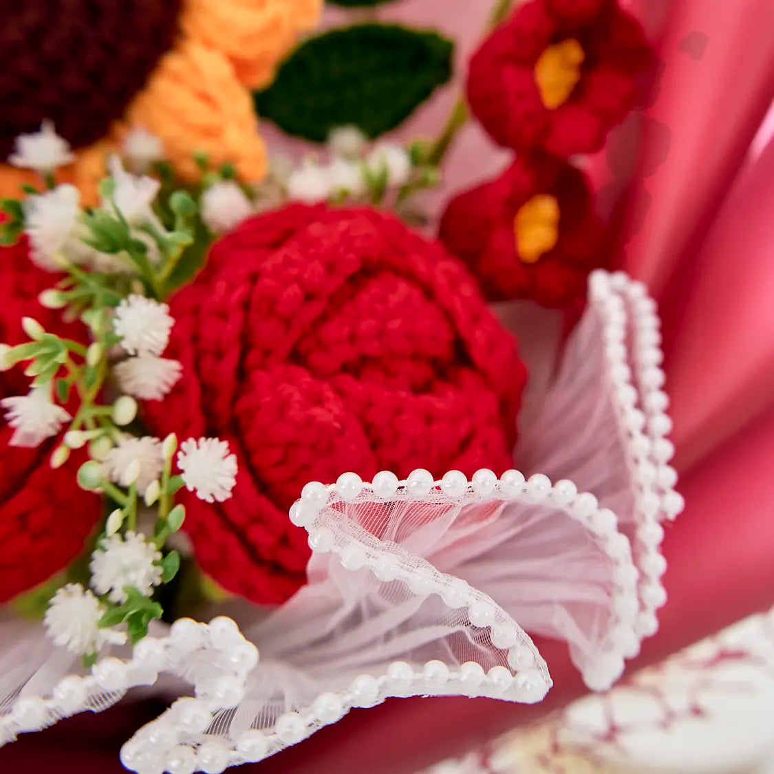 Red Crochet Rose Sunflower Bouquet