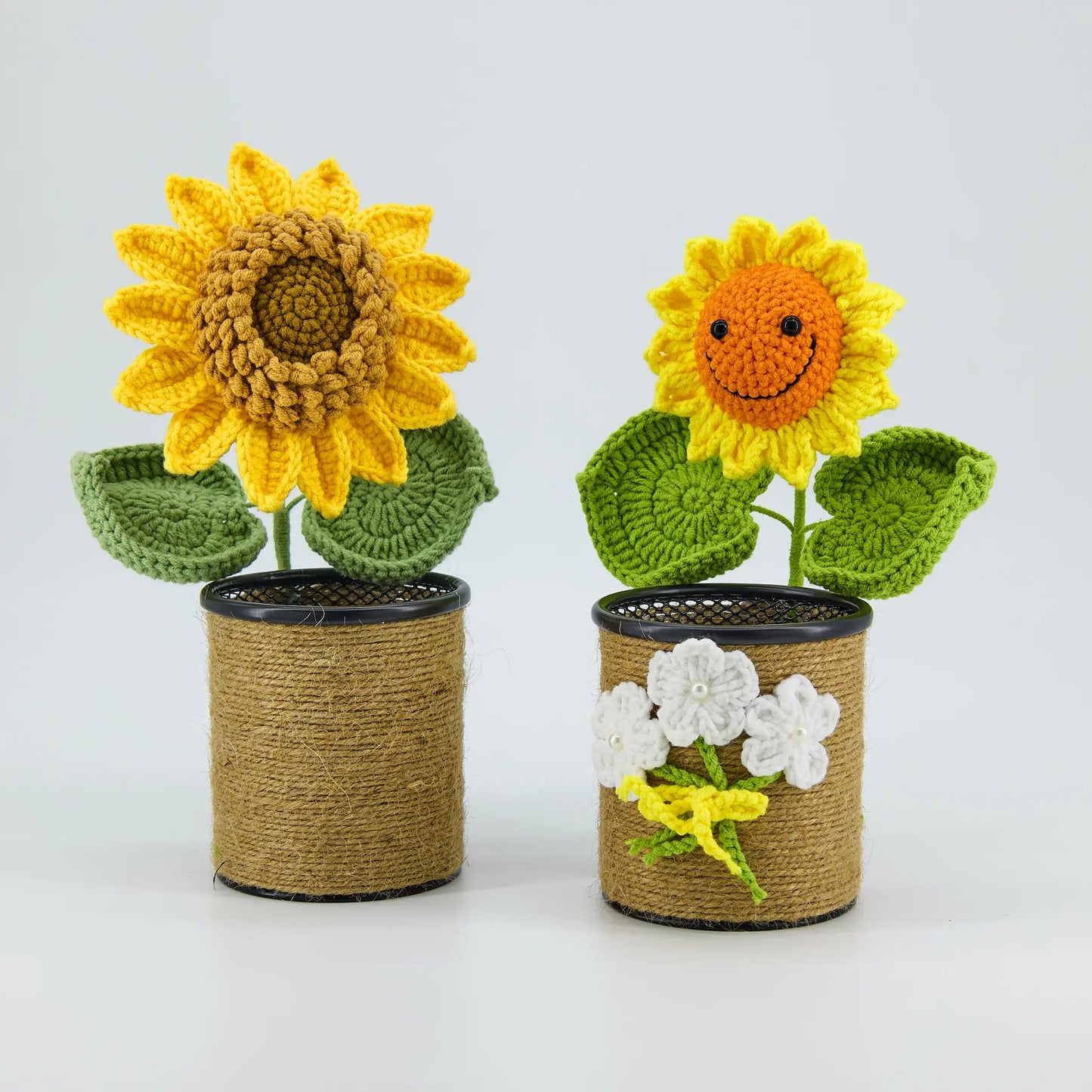Crochet Sunflower Pen Holder-Brown Pot