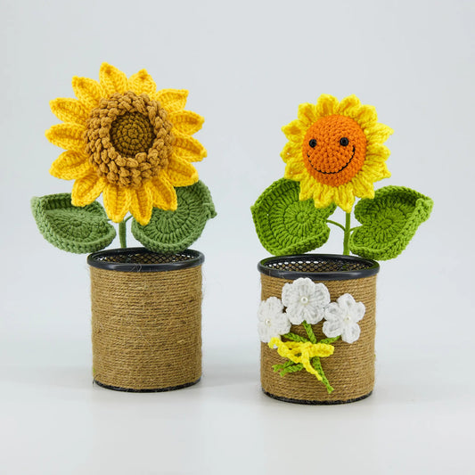 Crochet Sunflower Pen Holder-Brown Pot