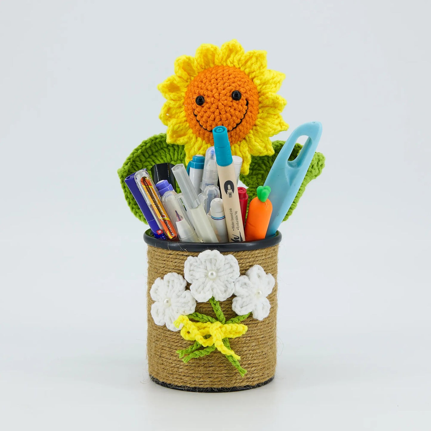 Crochet Sunflower Pen Holder-Brown Pot