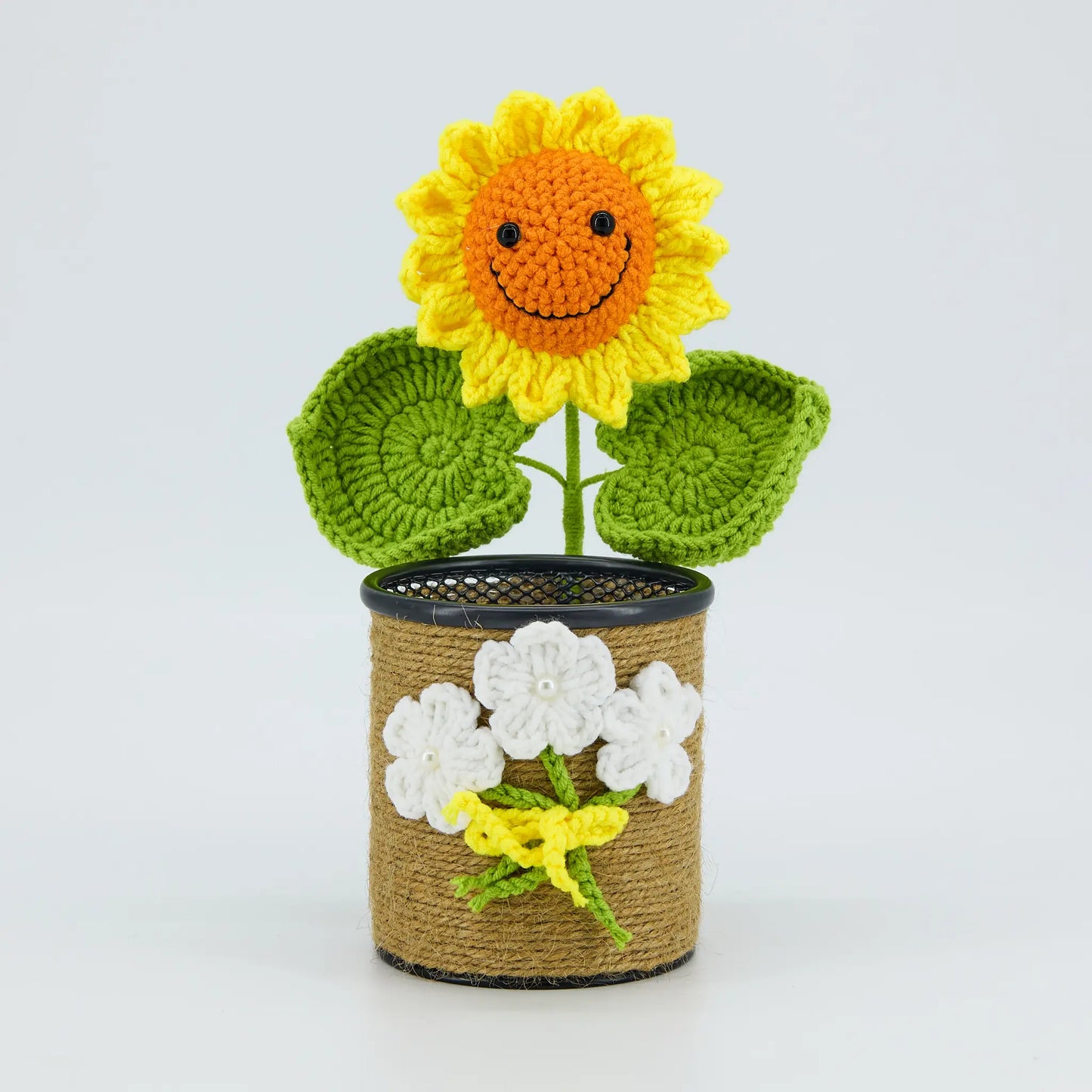 Crochet Sunflower Pen Holder-Brown Pot
