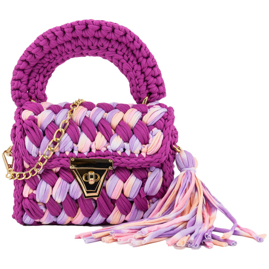 Crochet Handbag with Handle & Tassels-Violet & Purple